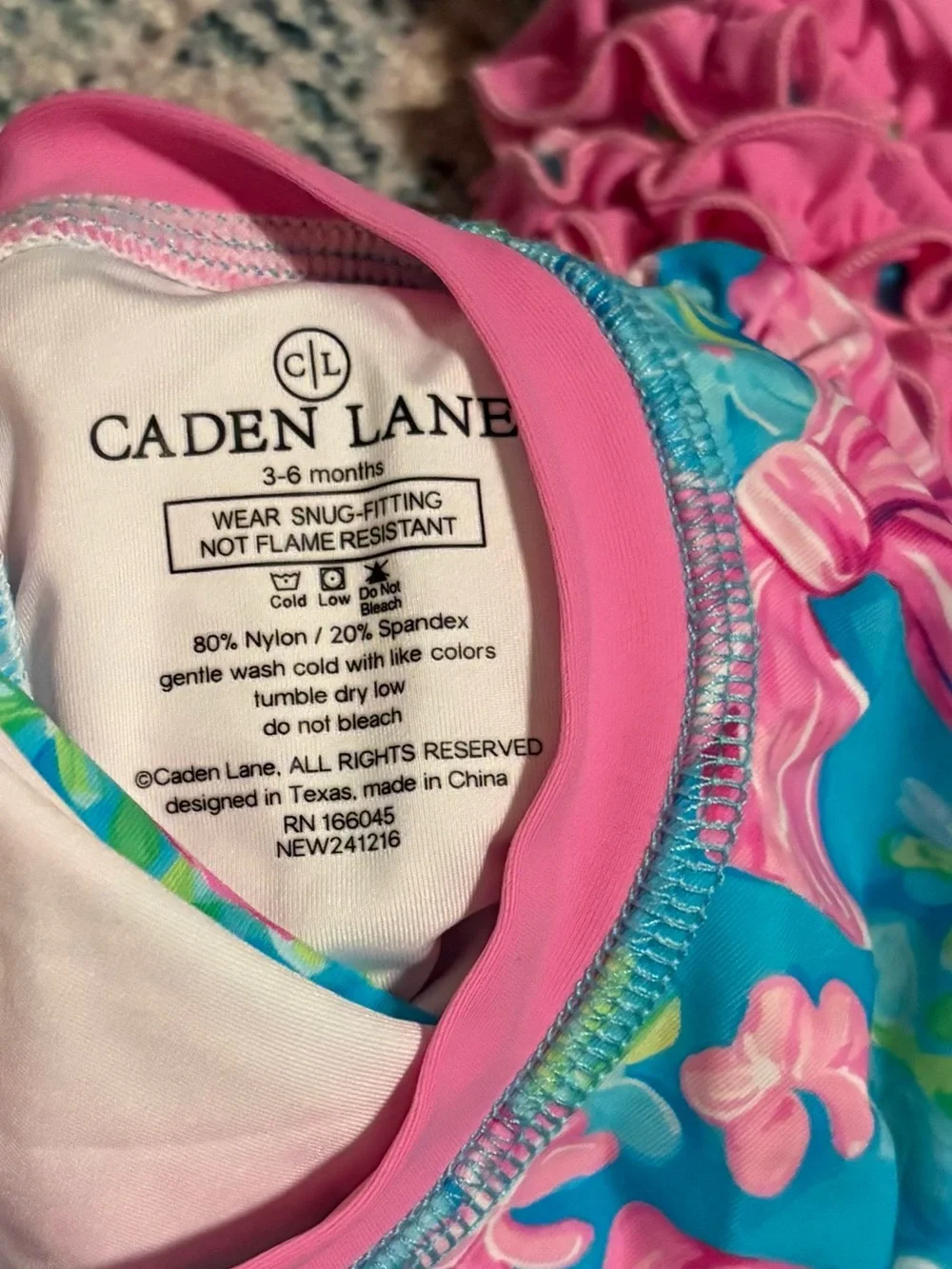 Caden Lane Long-Sleeve Bow Print One-Piece Swimsuit - Pink & Blue